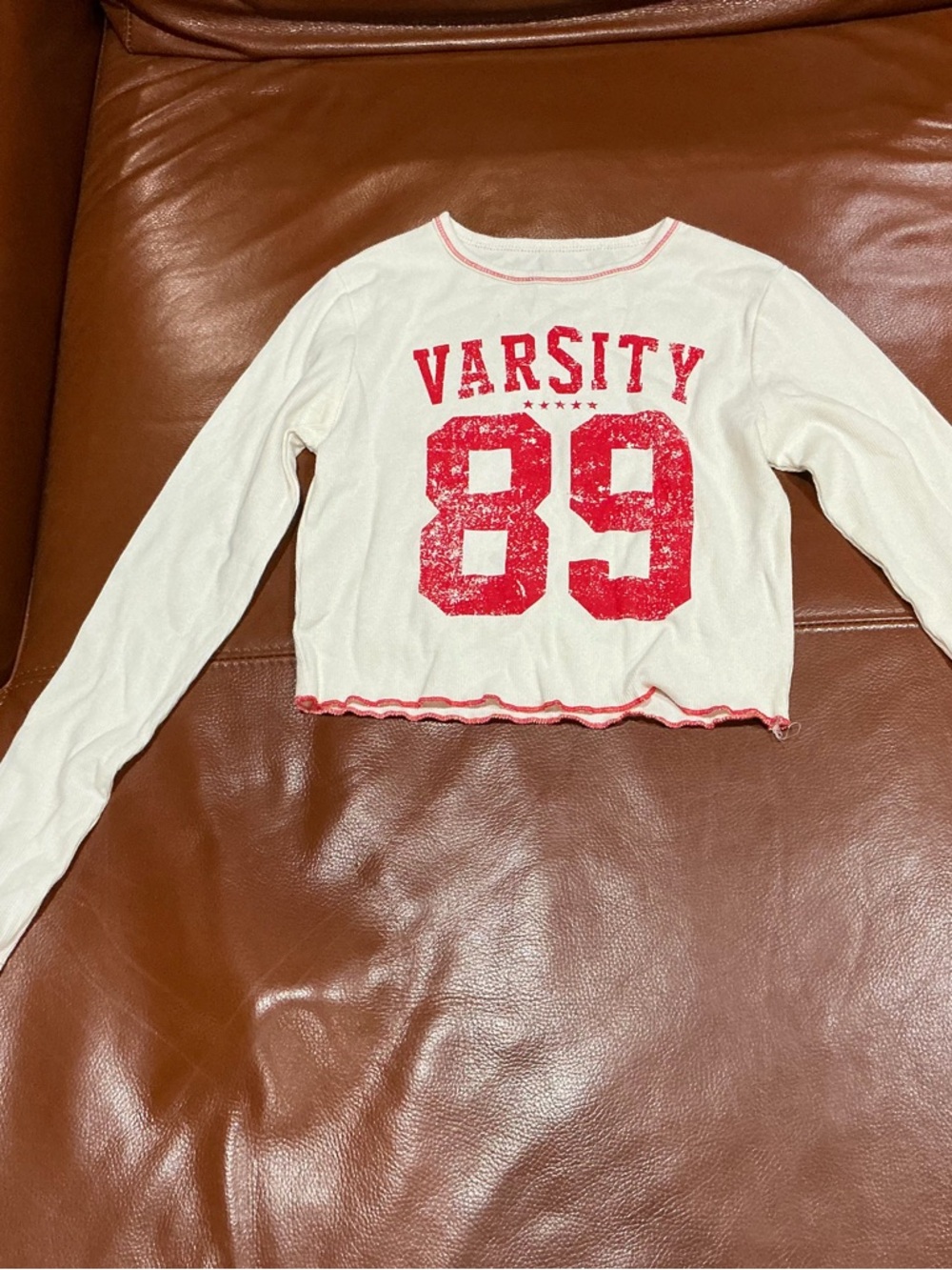 Modern Lux White Long-Sleeve Tee with Red Varsity Graphic